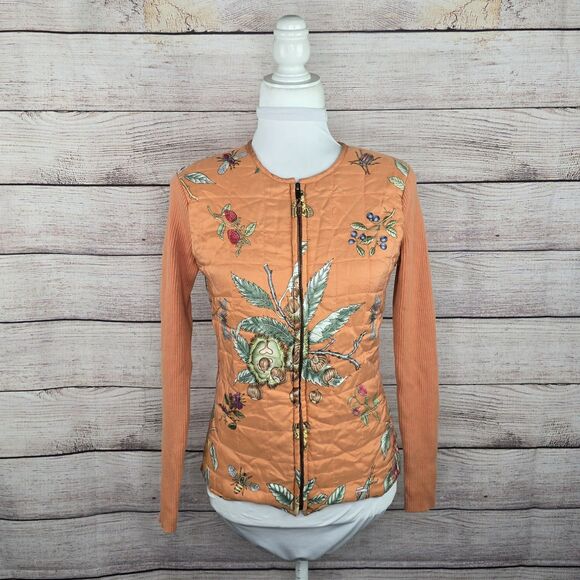 Vintage J. McLaughlin Full Zip Silk Ribbed Sweater Small Floral Bee Quilted - Picture 1 of 8